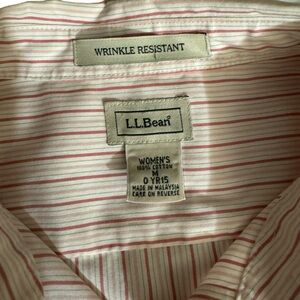 L.L. Bean button up shirt with pink stripes and white background. Size medium.